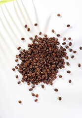 Fresh coffee beans in a mug and background.