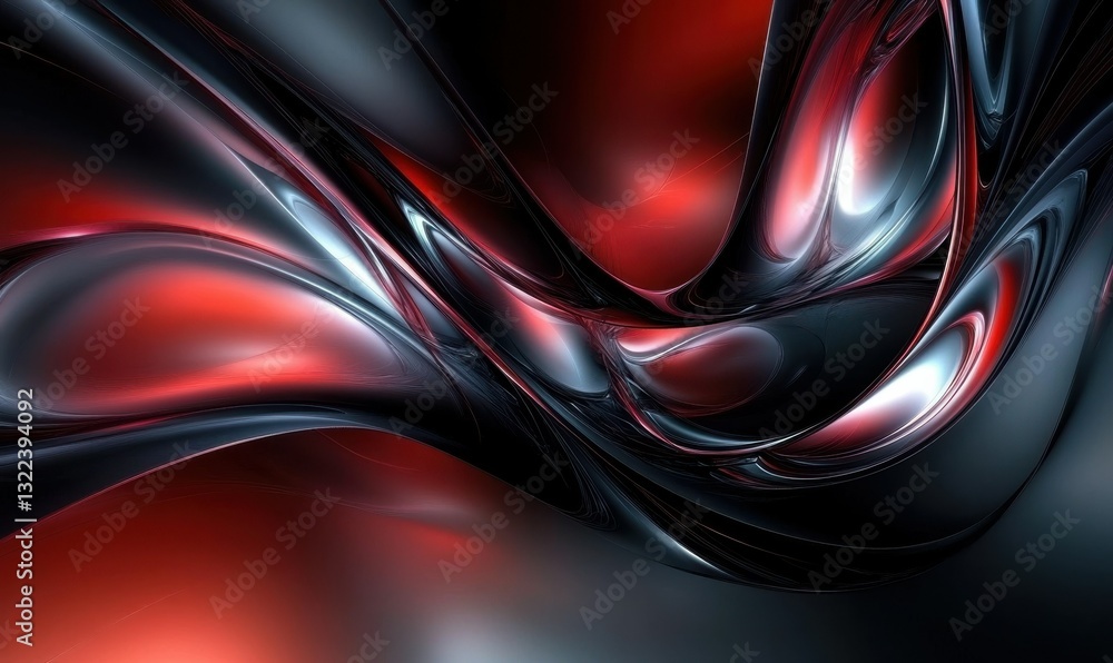 Poster vibrant flowing red and black abstract patterns illuminated by gradient lighting forming a bold futu