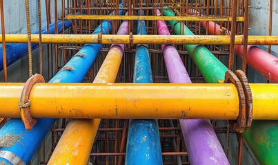 Colorful Utility Pipes and Reinforcement Bars at Urban Construction Site