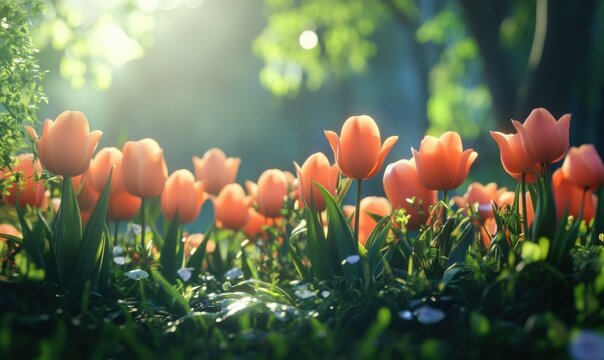 Vibrant glowing tulips in full bloom, captured under soft sunlight, surrounded by fresh green foliage for a lively spring vibe