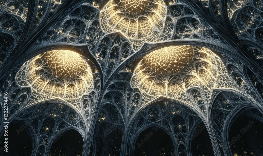 Poster complex fractal pattern with glowing neon lines and infinite geometric repetition, mesmerizing and f