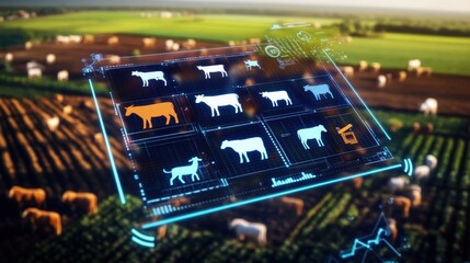 Innovative livestock management system agricultural fields digital interface rural environment aerial view smart farming concept