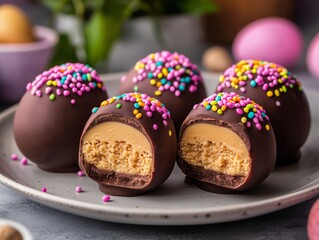 Chocolate Peanut Butter Eggs: Close-up shot of decadent chocolate peanut butter eggs with vibrant sprinkles, perfect for indulging in Easter festivities or satisfying a sweet craving.