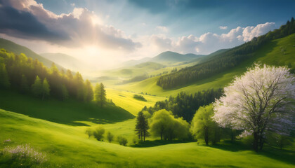 Fototapeta premium landscape with green grass and blue sky