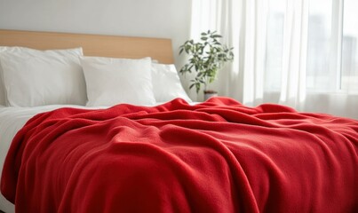 Cozy red blanket draped over bed in bright bedroom