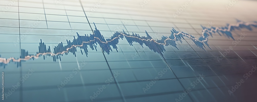 Poster blue line graph depicts fluctuating data over a grid pattern