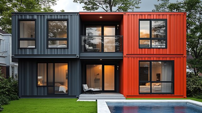 Modern container house with pool; backyard, residential, contemporary design