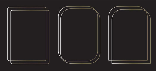 glowing shiny boarder element pack. Vector bundle for photo, card, poster, Golden thin frame set. Gold geometric borders in art deco style. Thin linear radiance rectangular shape collection.