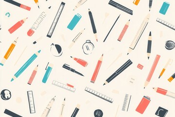Obraz premium Seamless pattern background with clean icons of design tools, including pencils, rulers, and color palettes in a soft monochrome palette