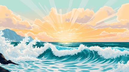 Ocean waves crashing on a serene shoreline. Sunbeam Waves. Illustration