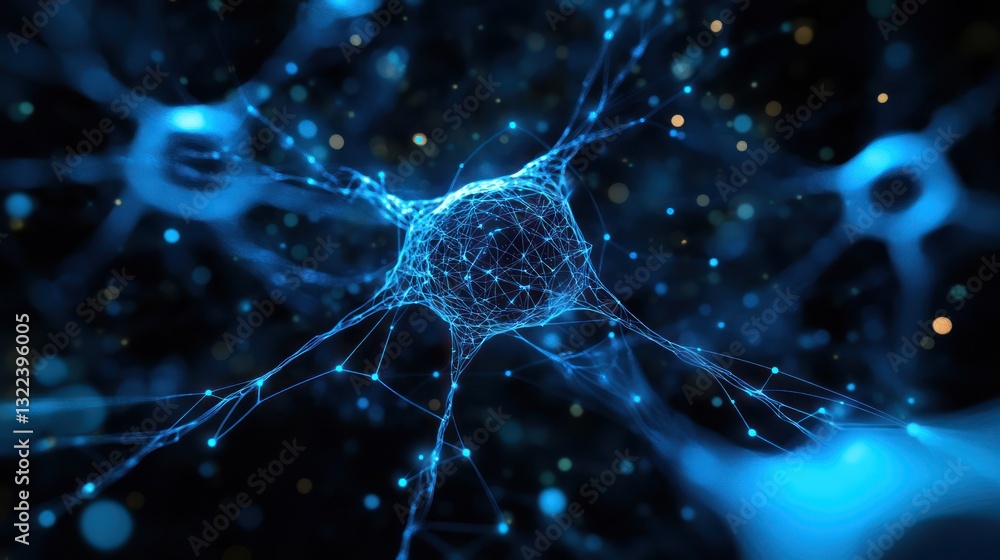 Poster microscopic view of a neuron cell with glowing connections.