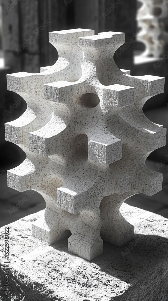Poster abstract stone sculpture with geometric shapes, showcasing intricate design in a shadowy setting