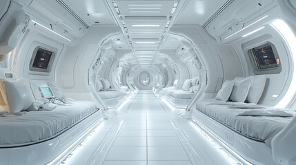 Obraz premium Futuristic spaceship corridor with sleeping pods.
