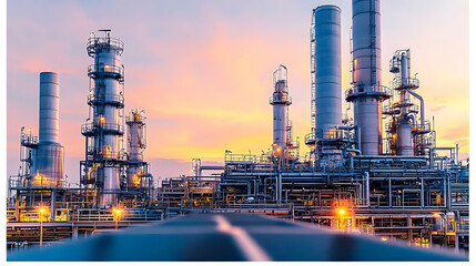 Oil Refinery and Petrochemical Plant at Sunset with Orange and Blue Sky Industrial Landscape