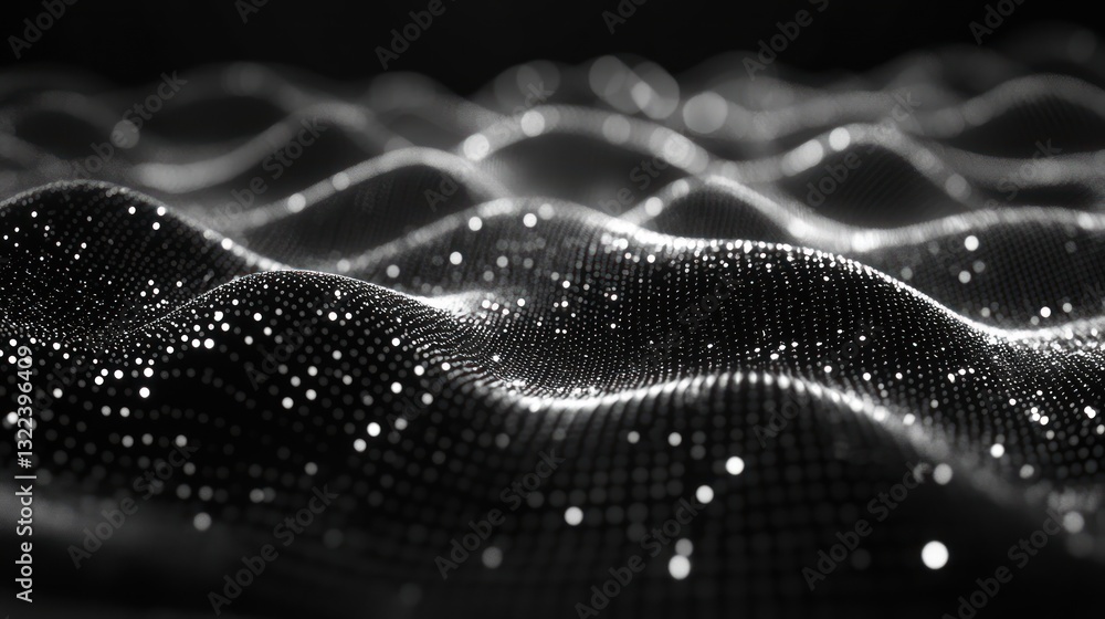 Poster abstract grayscale wave pattern with sparkling particles.