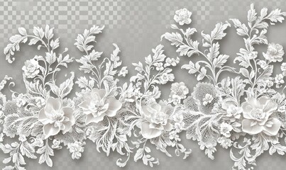 Fototapeta premium Delicate lace pattern with floral and vine motifs on a transparent background, intricate and elegant detail for fashion or design,