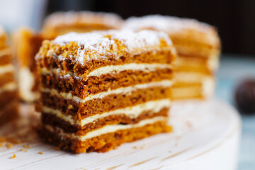 Traditional layered honey cake slices.