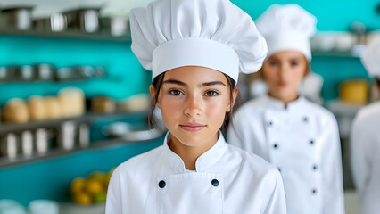 Young girl chefs engage in culinary arts while showcasing their skills in a well-equipped kitchen setting, highlighting the joy of learning to cook together