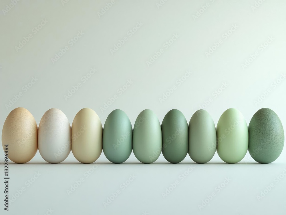 Poster a row of pastel-colored eggs arranged neatly on a minimalistic background, showcasing their smooth t