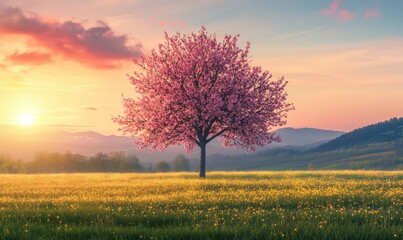 pink nature scene with sunrise. beautiful spring nature scene with pink blooming tree. seamless looping overlay
