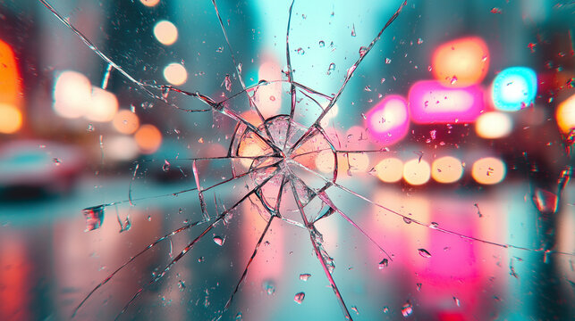 Cracked glass with blurred city lights at night. - Powered by Adobe