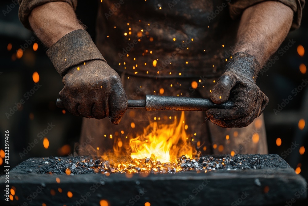 Poster blacksmith shaping metal in a forge with glowing flames and flying sparks during daytime craftsmansh