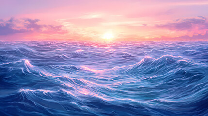 Obraz premium The image is of a beautiful blue ocean with pink and purple waves. Sunbeam Waves. Illustration