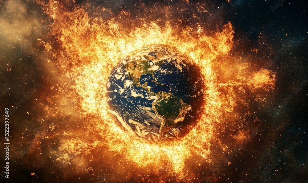 Poster planet is on fire and surrounded by a lot of fire. the planet is the center of the image and the fir
