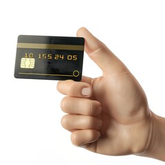 A close-up of a person’s hand holding a sleek, modern credit card against a white background.