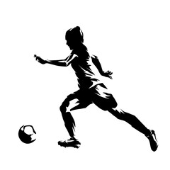 Woman playing soccer, female football player running with ball, isolated vector silhouette, side view