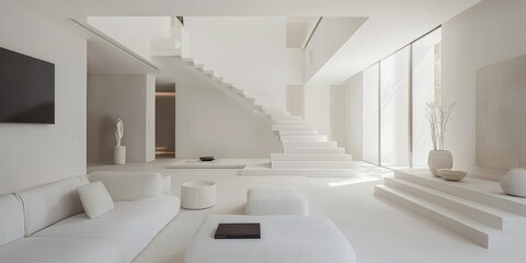 Obraz premium Modern minimalist all white interior living space with staircase feature