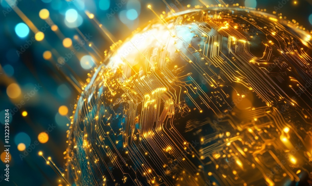 Poster pherical representation of interconnected globe with golden network and circuitry overlaid, symboliz