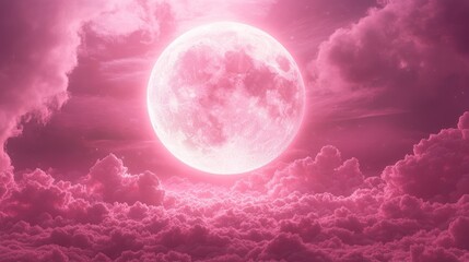 Obraz premium Pink full moon shining brightly in a pink cloudy night sky.
