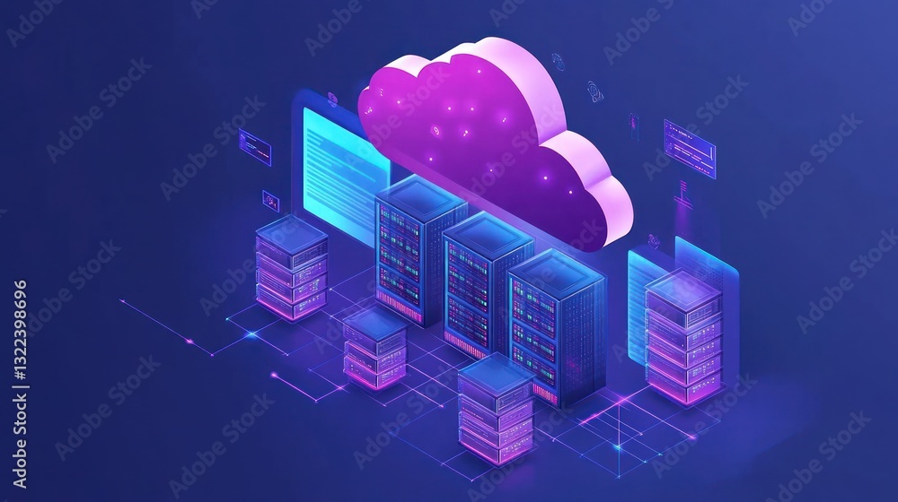 Poster cloud computing data storage servers network isometric illustration.