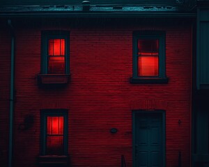 Fototapeta premium A red brick building facade showcasing illuminated windows and a door