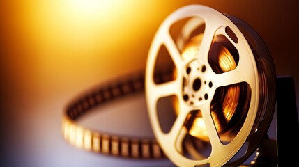 Fototapeta premium Close-up of a vintage film reel with film strip, illuminated by warm light in a studio setting