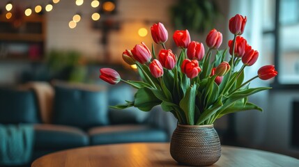 Vase of fresh red tulips on the coffee table with blurred background. Free copy space.