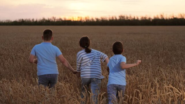 Happy cheerful children hold hands, run across field. Jolly joyous children kids playing together running around field, holding hands. Merry children siblings kids family rush together across field.