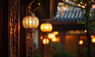 Fototapeta premium Lantern hanging outside a traditional building at night