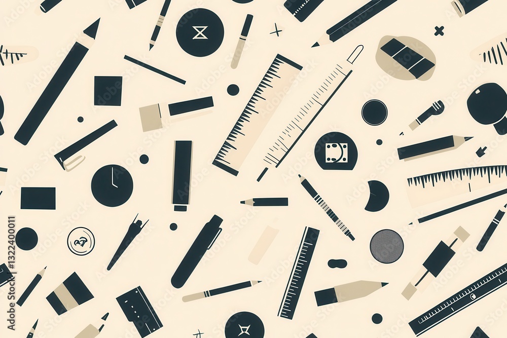 Aufkleber Seamless pattern background featuring design tools like pencils, rulers, and color palettes in a soft monochrome palette