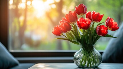 Vase of fresh red tulips on the coffee table with blurred background. Free copy space.