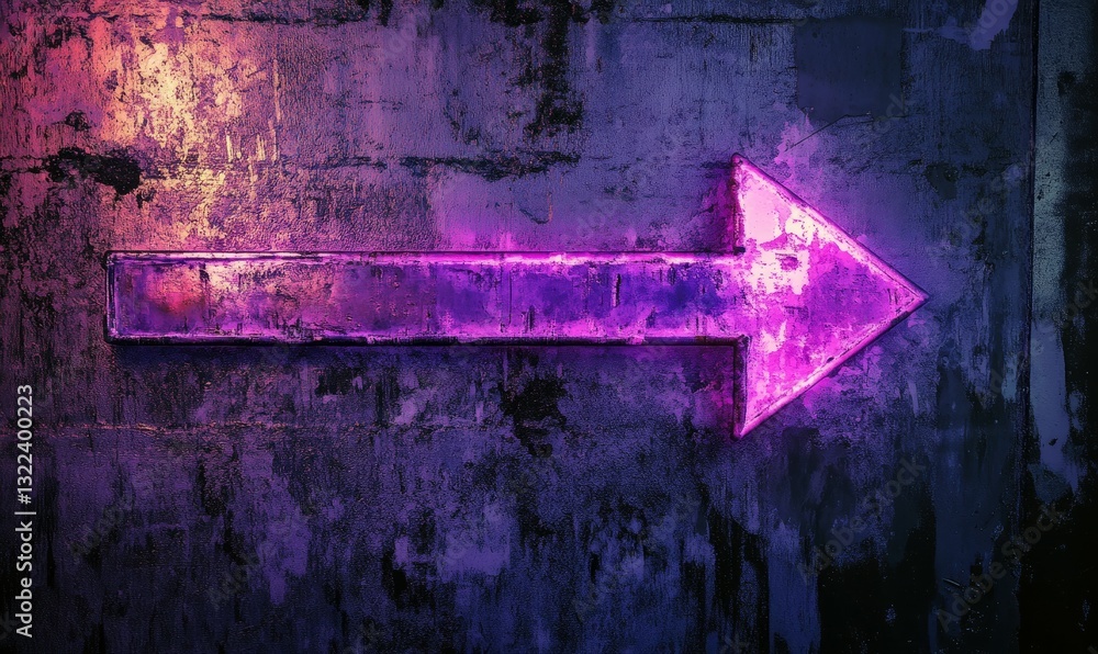 Poster purple arrow pointing to the right. the arrow is lit up and glowing. the image has a moody and myste