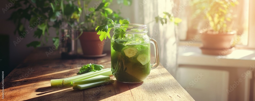 Poster Refreshing green drink in a jar with celery on a wooden table during daytime