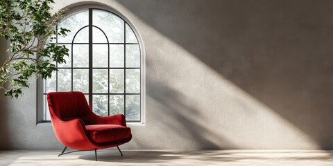 A stylish red chair sits by a large arched window in a room
