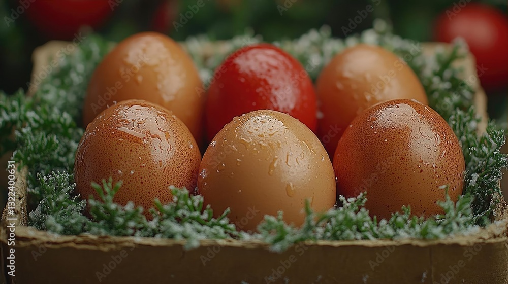 Poster freshly collected eggs arranged in a rustic basket with decorative greenery and droplets