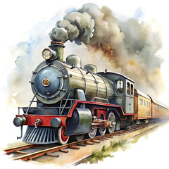 Naklejka premium Watercolor illustration of old steam train isolated on transparent background