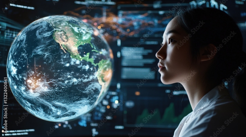 Poster a focused scientist examines a holographic globe that projects climate change data across different 