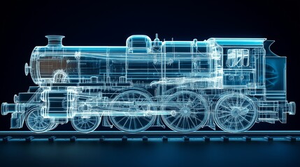 3D model of a vintage steam locomotive in a transparent style showcasing internal components
