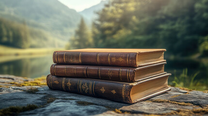 Books resting on a stone surface by a serene lake in lush green surroundings