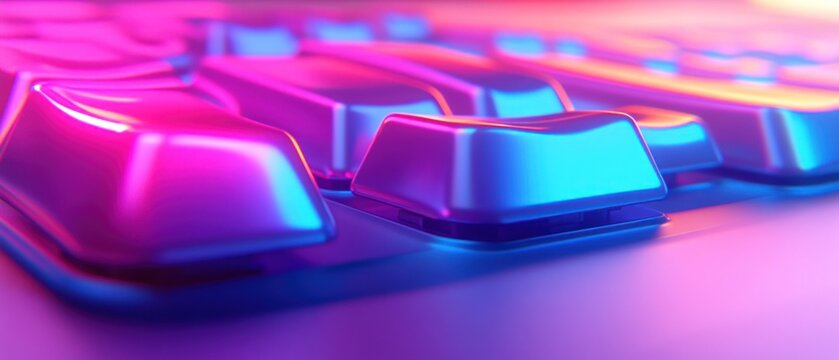 Close-up of vibrant keyboard keys, colorful light. Technology background